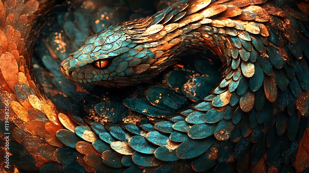 Obraz premium A snake with shimmering emerald and gold scales intricately woven into a vibrant Chinese dragon scale pattern, glowing softly under dynamic lighting,