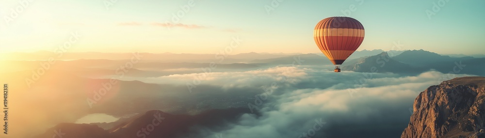 Fototapeta premium A hot air balloon floats over a magnificent scenery. 