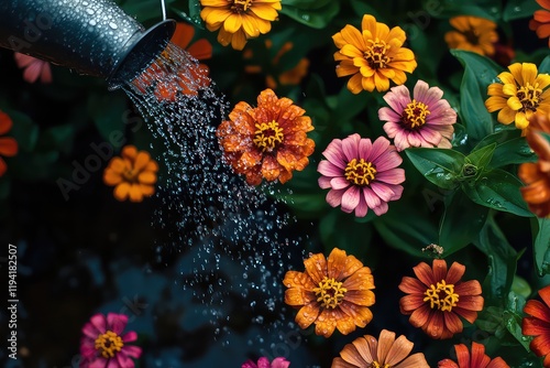 A top-down view of zinnia flowers being watered by a gentle stream from a can, with moist soil glistening below.
