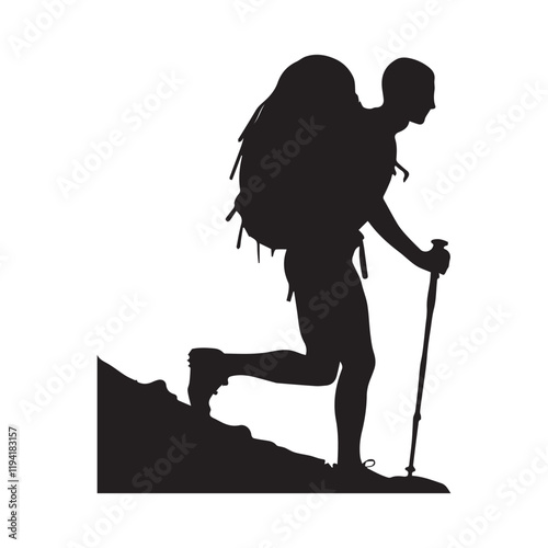 PrintHiking man Silhouettes. hiking man with rucksacks silhouette. hiker with backpack, vector silhouettes. mountaineer climber hiker people. Backpacker. walking with the aid of trekking poles.