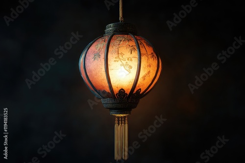 A traditional Chinese lantern glowing with soft light, adorned with gold tassels and reflecting cultural heritage. photo