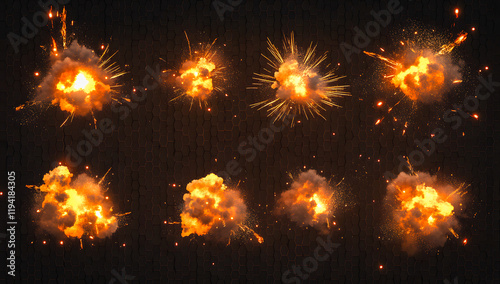 Multiple fiery explosions with sparks and smoke against a dark background