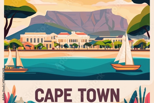 Stunning depiction of Cape Town showcasing Table Mountain, the V&A Waterfront, and beautiful beaches in warm pastel tones reflecting its natural beauty..