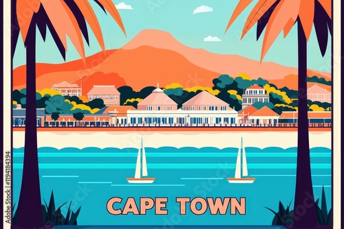 Stunning depiction of Cape Town showcasing Table Mountain, the V&A Waterfront, and beautiful beaches in warm pastel tones reflecting its natural beauty..
