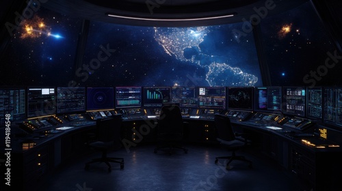 Futuristic Control Room Overlooking Earth at Night with High-Tech Screens and Starry Sky, Ideal for Sci-Fi, Space Exploration, and Technology Themes photo