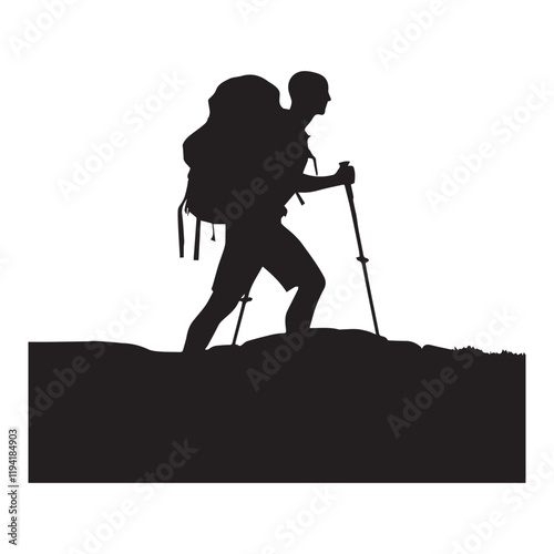 PrintHiking man Silhouettes. hiking man with rucksacks silhouette. hiker with backpack, vector silhouettes. mountaineer climber hiker people. Backpacker. walking with the aid of trekking poles.