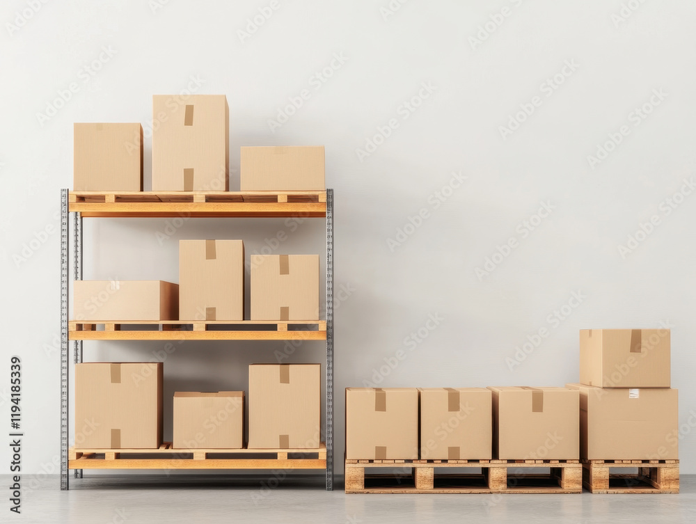 Neatly arranged boxes on shelving units and pallets in storage area Neatly arranged boxes on shelving units and pallets in storage area