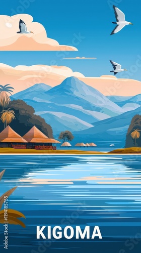 Tranquil illustration of Kigoma featuring Lake Tanganyika, lush landscapes, and vibrant local life in earthy pastel tones reflecting its natural and cultural beauty.. photo