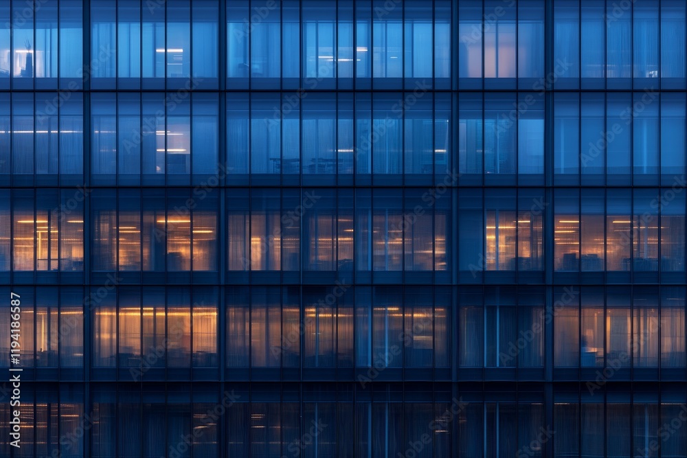 A softly blurred view reveals a modern glass office building featuring blue-tinted windows that reflect urban light, showcasing a corporate aesthetic