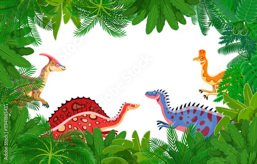 Prehistoric dinosaur characters in jungle forest frame. Vector rectangular border with cartoon dino characters and lush tropical foliage, plants, palm tree leaves and ferns around blank space for text