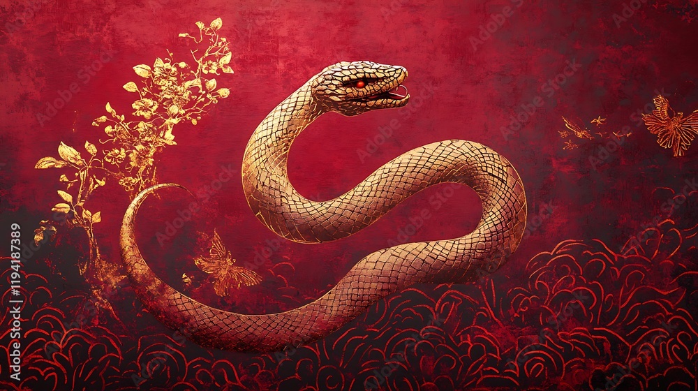 A bold abstract snake silhouette embedded within an ornate Chinese lattice, with glowing gold accents and deep crimson backdrop, intricate details and a modern traditional fusion aesthetic, A bold abstract snake silhouette embedded within an ornate Chinese lattice, with glowing gold accents and deep crimson backdrop, intricate details and a modern traditional fusion aesthetic,