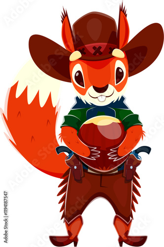 Cartoon squirrel cowboy character holding huge hazelnut. Vector wild west animal sheriff, ranger and bandit in wide brimmed hat, boots and holsters capturing playful woodland vibe with a western twist