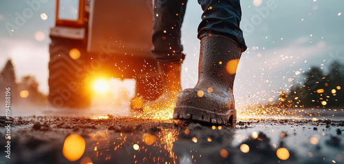 Construction worker in boots walking on wet ground, sparks flying, dynamic scene photo