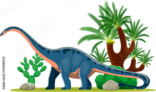 Shunosaurus prehistoric dinosaur character. Isolated cartoon vector ancient herbivore sauropod reptile animal in natural environment with rock, tree and plants. Mid Jurassic paleontology era lizard