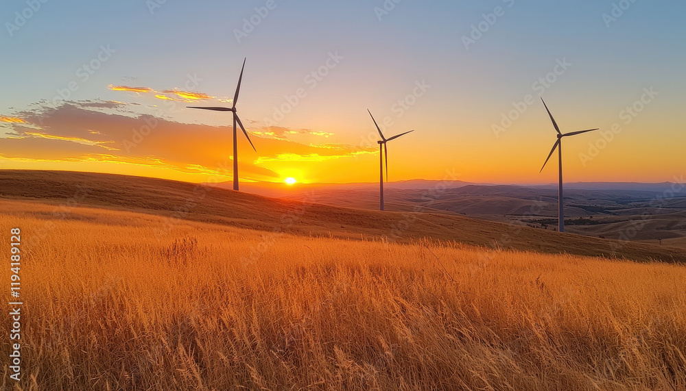 Obraz premium Sunrise over rolling hills with wind turbines, showcasing eco friendly energy