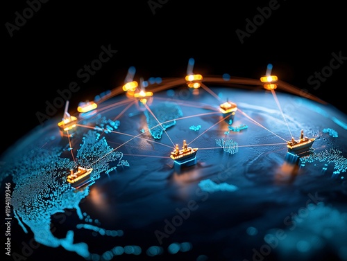 Satellite Ship Tracking concept. A digital representation of global shipping routes with illuminated cargo ships navigating across a stylized Earth. photo
