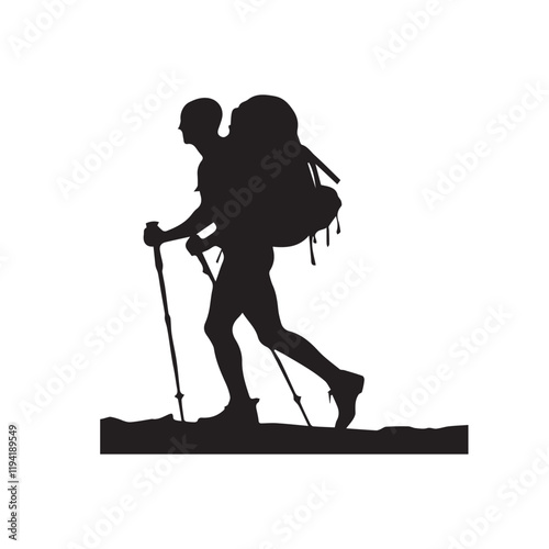 PrintHiking man Silhouettes. hiking man with rucksacks silhouette. hiker with backpack, vector silhouettes. mountaineer climber hiker people. Backpacker. walking with the aid of trekking poles.