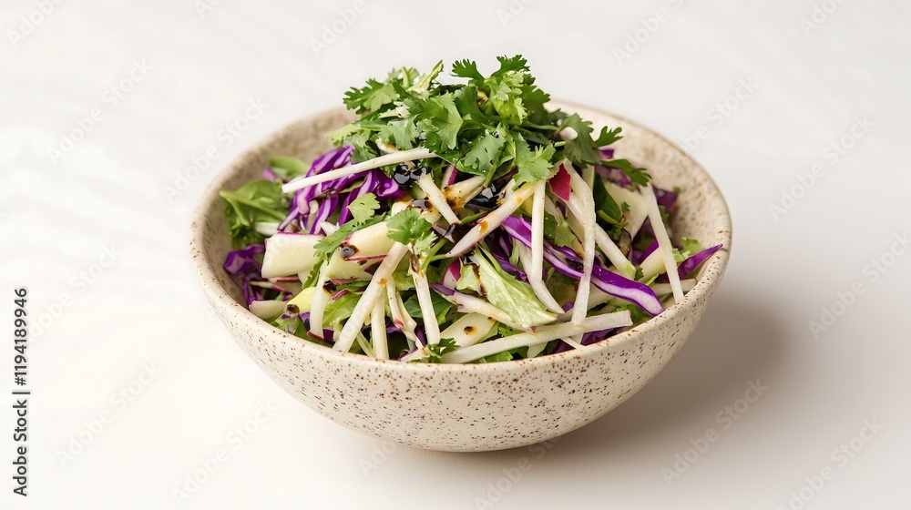A vibrant salad bowl showcasing a blend of frisee lettuce, purple cabbage, jicama, and fresh herbs, all tossed with a light balsamic vinaigrette, set against a clean white backdrop for a A vibrant salad bowl showcasing a blend of frisee lettuce, purple cabbage, jicama, and fresh herbs, all tossed with a light balsamic vinaigrette, set against a clean white backdrop for a