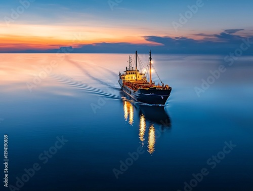 Wallpaper Mural Satellite Ship Tracking concept. A boat cruises across calm waters at sunset, reflecting vibrant colors and illuminating the serene landscape. Torontodigital.ca