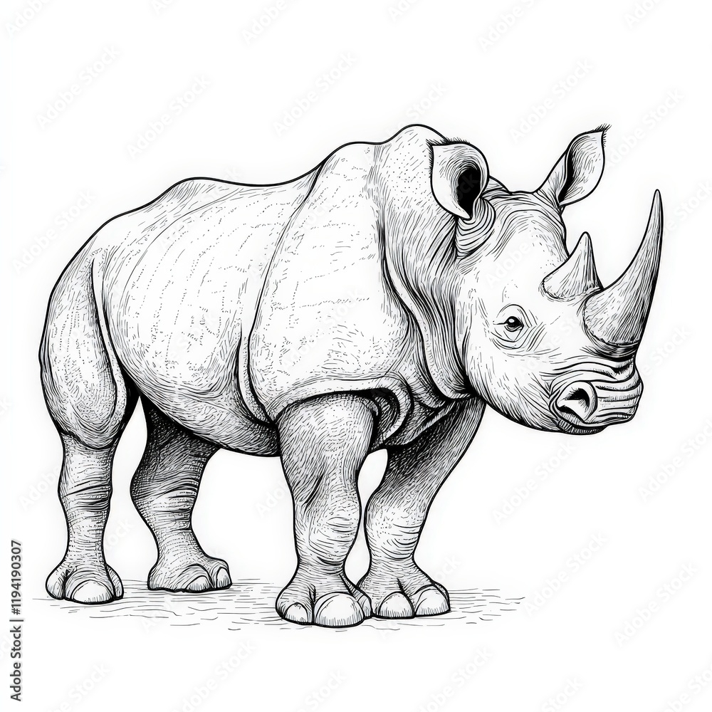 Fototapeta premium Detailed Pencil Sketch of a Majestic Rhino with Intricate Line Work and Realistic Features, Emphasizing the Strength and Grace of This Endangered Species