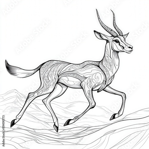 Elegant Antelope with Intricate Patterns and Graceful Lines Captured in a Artistic Style, Displaying Nature's Beauty and Wildlife in Bold Illustrative Form