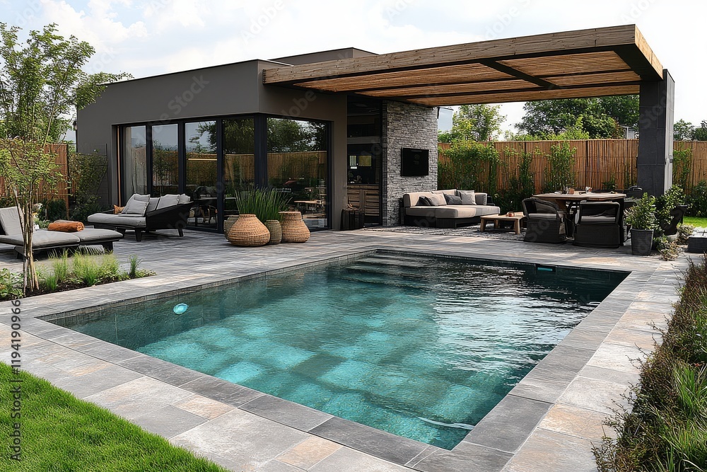 Fototapeta premium Modern Home with Long Rectangular Pool Overlooking the Ocean, Surrounded by Hedges and Lawn Chairs