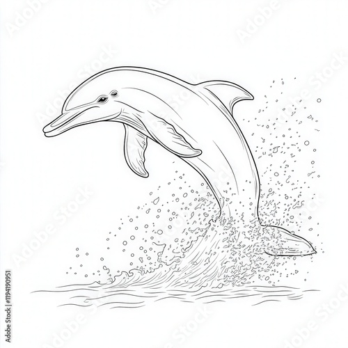 Elegant Dolphin Leaping Above the Water Surface with Splashes, Capturing the Grace and Beauty of Marine Life in Minimalist Line Art Style