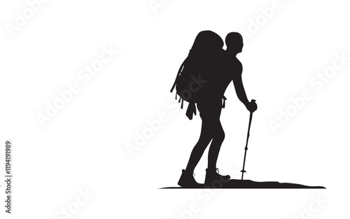 PrintHiking man Silhouettes. hiking man with rucksacks silhouette. hiker with backpack, vector silhouettes. mountaineer climber hiker people. Backpacker. walking with the aid of trekking poles.