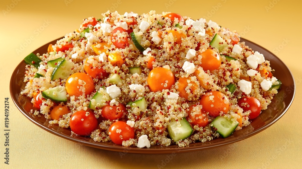 A flavorful quinoa salad showcased with fresh cherry tomatoes, diced cucumber, and feta cheese, beautifully arranged on a stylish plate. The solid color background enhances the dishs visual appeal, A flavorful quinoa salad showcased with fresh cherry tomatoes, diced cucumber, and feta cheese, beautifully arranged on a stylish plate. The solid color background enhances the dishs visual appeal,