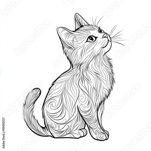 Elegant Line Art of a Cat with Flowing Fur and Graceful Pose, Perfect for Pet Lovers, Illustrators, and Art Enthusiasts Seeking Unique Designs