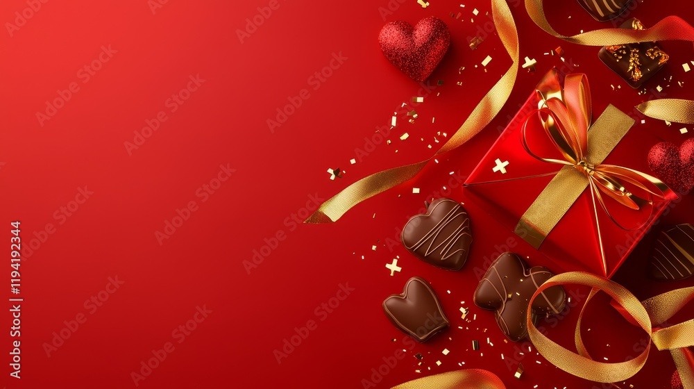 Fototapeta premium Luxurious Valentine chocolate box design, red satin and gold ribbon wrapping, intricate baroque details, high-quality digital art, photorealistic style