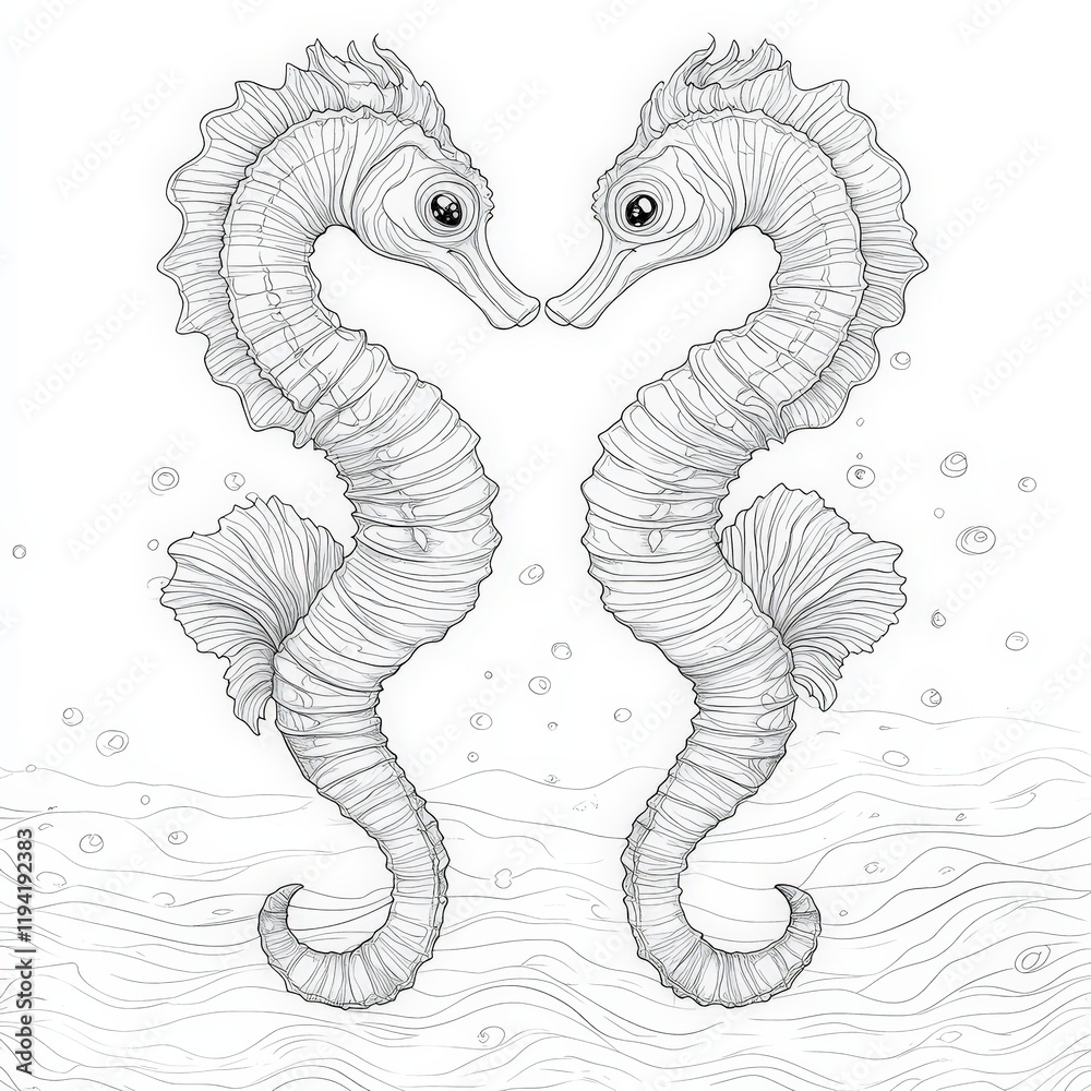Fototapeta premium Elegant Line Art of Two Seahorses Facing Each Other Beneath the Sea, Capturing the Harmony and Beauty of Ocean Life in Intricate Detailing and Flowing Patterns