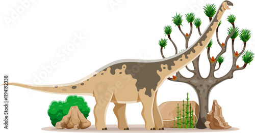 Cartoon dinosaur Paralititan or prehistoric lizard in Jurassic park forest, vector dino character. Prehistoric funny giant dinosaur lizard Paralititan of titanosaurus species for kids paleontology