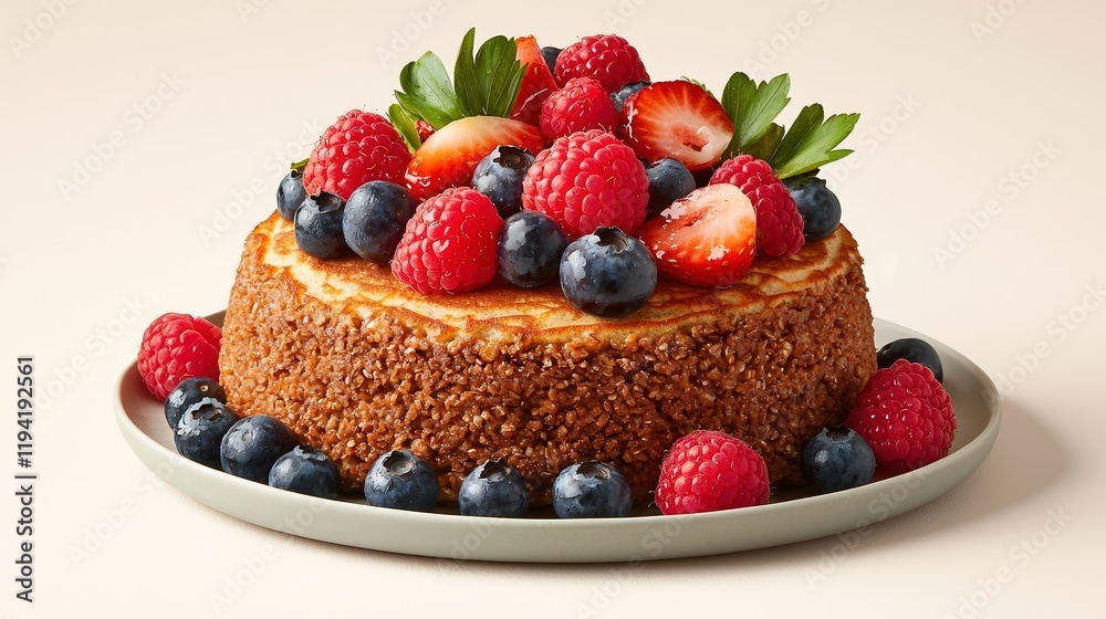 A beautifully arranged stack of whole grain pancakes garnished with an assortment of vibrant, fresh berries including strawberries, blueberries, and raspberries, all atop a solid color background A beautifully arranged stack of whole grain pancakes garnished with an assortment of vibrant, fresh berries including strawberries, blueberries, and raspberries, all atop a solid color background