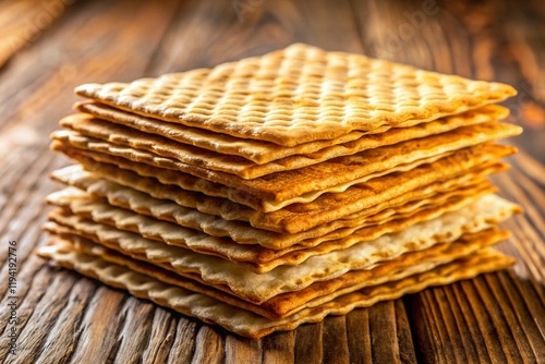 Crisp Golden Matzah, Traditional Passover Bread, Stacked on Wooden Surface photo