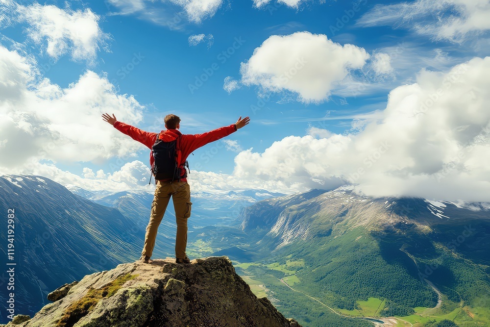 A triumphant hiker standing on a mountain peak in Romsdalen Valley, Norway, arms outstretched, celebrating the breathtaking view. A triumphant hiker standing on a mountain peak in Romsdalen Valley, Norway, arms outstretched, celebrating the breathtaking view.