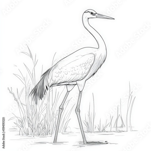 Elegant Stork Standing Gracefully Among Marshy Vegetation in Minimalist Line Art Style, Perfect for Nature Lovers and Bird Enthusiasts Seeking Vintage Aesthetic
