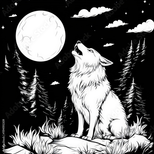 Howling Wolf Silhouette Under Moonlight Surrounded by Pine Trees and Clouds in a Night Sky, Ideal for Nature, Wilderness, and Wildlife Themes