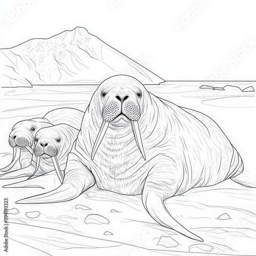 Illustration of Three Walruses on a Beach with Mountains in the Background, Perfect for Wildlife and Nature-Themed Projects and Designs Featuring Marine Animals