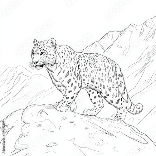 Illustration of a majestic snow leopard gracefully walking through a mountainous landscape, showcasing its striking features and elegant demeanor amidst a serene environment.