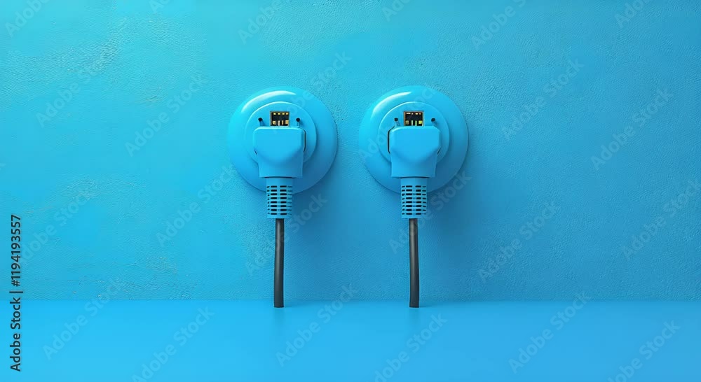 Two blue electrical outlets with black cables against a blue background.