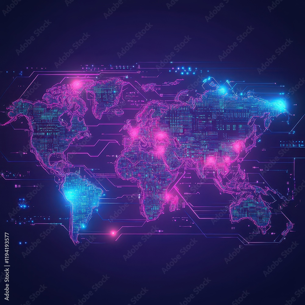 World map embedded with neon digital pathways, showcasing global financial data flow World map embedded with neon digital pathways, showcasing global financial data flow
