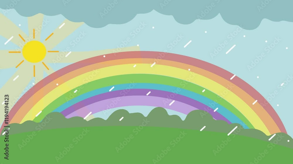 This animation shows how a rainbow forms in a simple and fun way. The sun shines and sunlight passes through tiny raindrops in the air. The light bends, splits, and reflects, creating beautiful colors