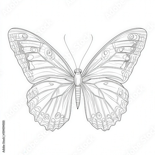 Intricate Line Drawing of a Butterfly with Detailed Wing Patterns and Symmetrical Design, Perfect for Coloring, Art Projects, and Educational Materials
