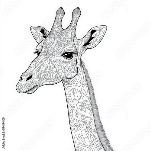 Intricate Line Art Representation of a Giraffe's Head Featuring Unique Patterns and Natural Elements in a Monochrome Style Ideal for Creative Projects