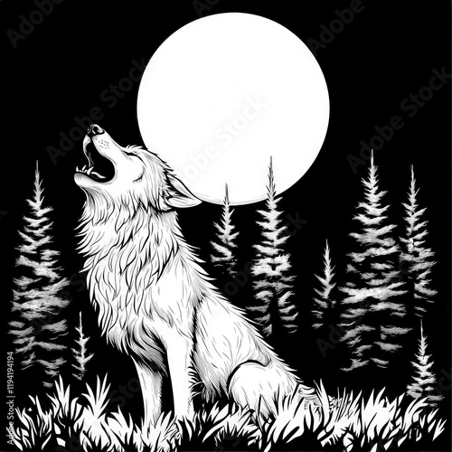 Majestic Howling Wolf Under Full Moon Surrounded by Silhouetted Trees in a Night Sky, Capturing the Spirit of Nature and Wildlife in Monochrome Art