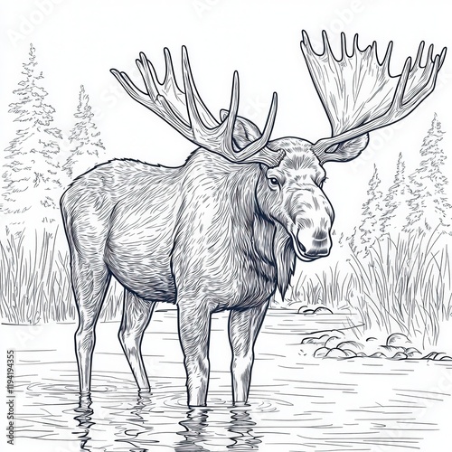 Majestic Moose Standing in Calm Waters with Wilderness Background, Representing Nature’s Serenity and Wildlife Conservation