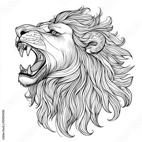 Majestic Lion Head with Intricate Details, Powerfully Roaring, Featuring Flowing Mane and Expressive Features, Capturing the Essence of Wildness and Strength in Nature