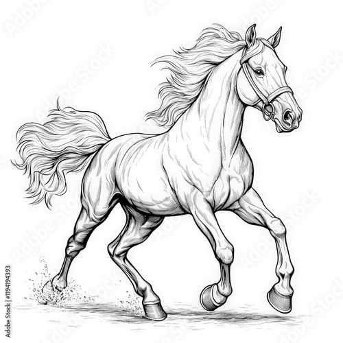 Majestic Running Horse in Black and White Sketch, Capturing Grace and Strength in Motion, Perfect for Artistic and Equestrian Illustrations