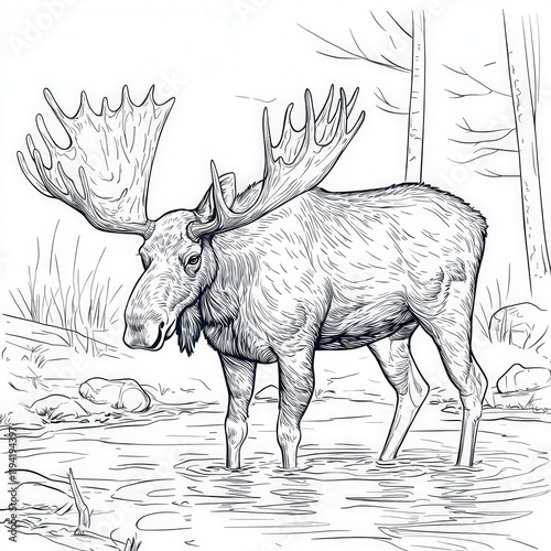 Majestic Moose Standing in Tranquil Pond Surrounded by Nature, Captured in Artistic Black and White Line Drawing Style Illustrating Wilderness and Wildlife